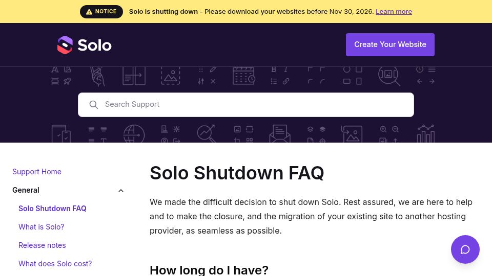 Screenshot of support.soloist.ai: Mozilla shutting down Solo AI website creator