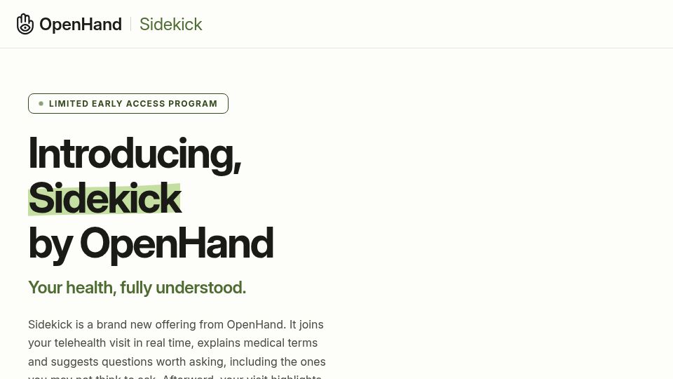 Screenshot of openhand.health: Show HN: We built a real-time desktop companion for patient's telehealth visits