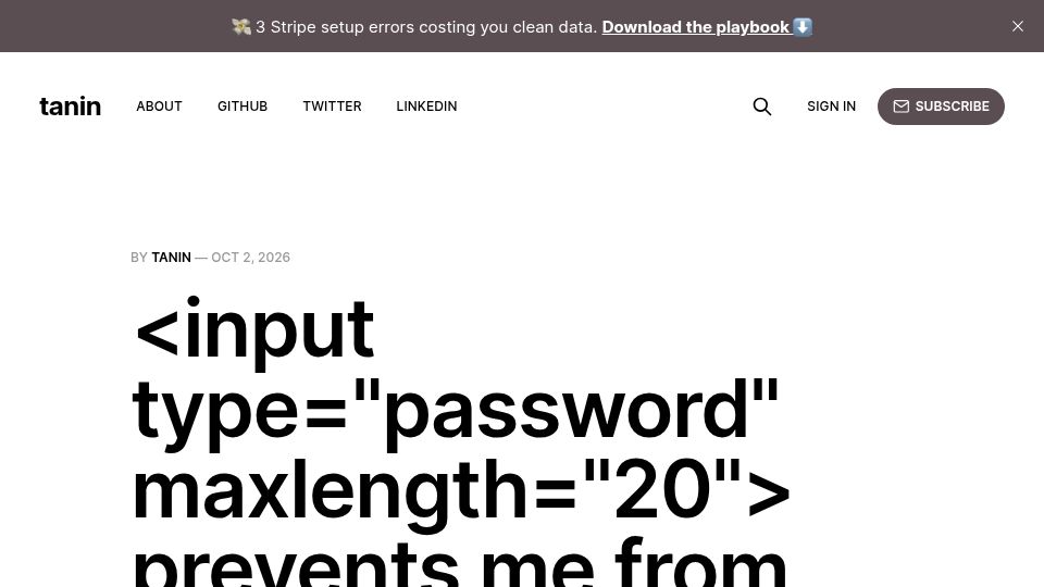 Screenshot of tanin.nanakorn.com: <input type="password" maxlength="20"> prevents me from logging into Vanguard