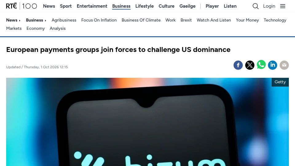 Screenshot of rte.ie: European payments groups join forces to challenge US dominance