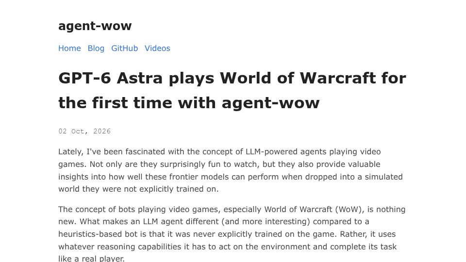 Screenshot of agent-wow.sh: GPT-6 Astra plays World of Warcraft for the first time with agent-wow