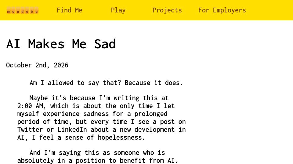 Screenshot of mondobe.com: AI Makes Me Sad
