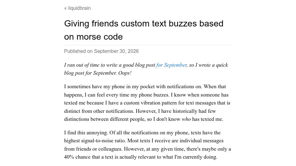 Screenshot of liquidbrain.net: Giving friends custom text buzzes based on Morse code