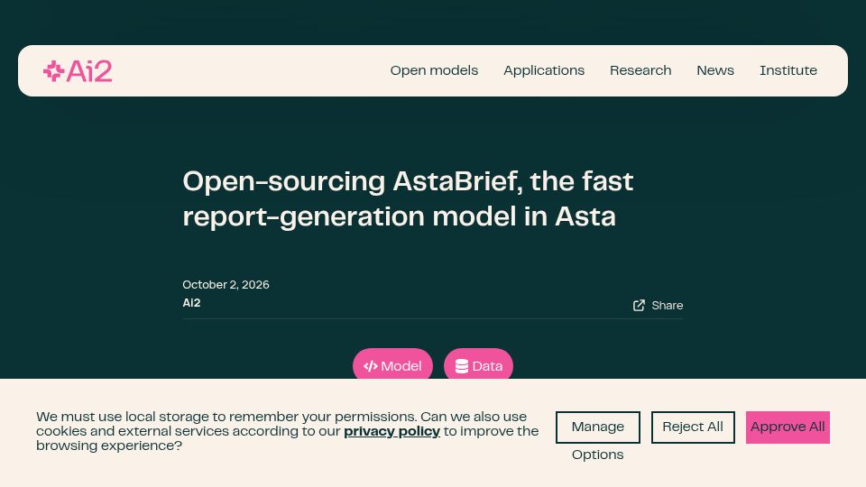 Screenshot of allenai.org: Open-sourcing AstaBrief, the fast report-generation model in Asta