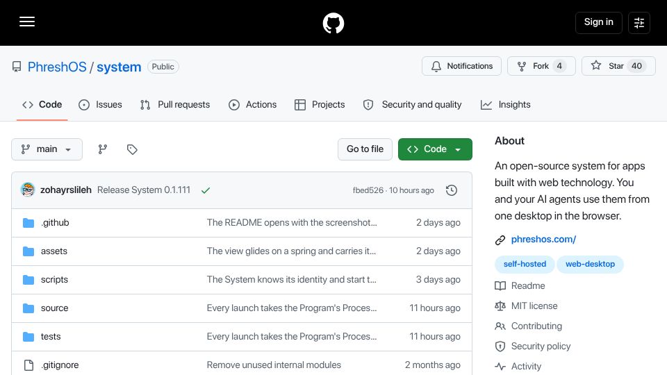 Screenshot of github.com: Show HN: PhreshOS – OS for Web Apps