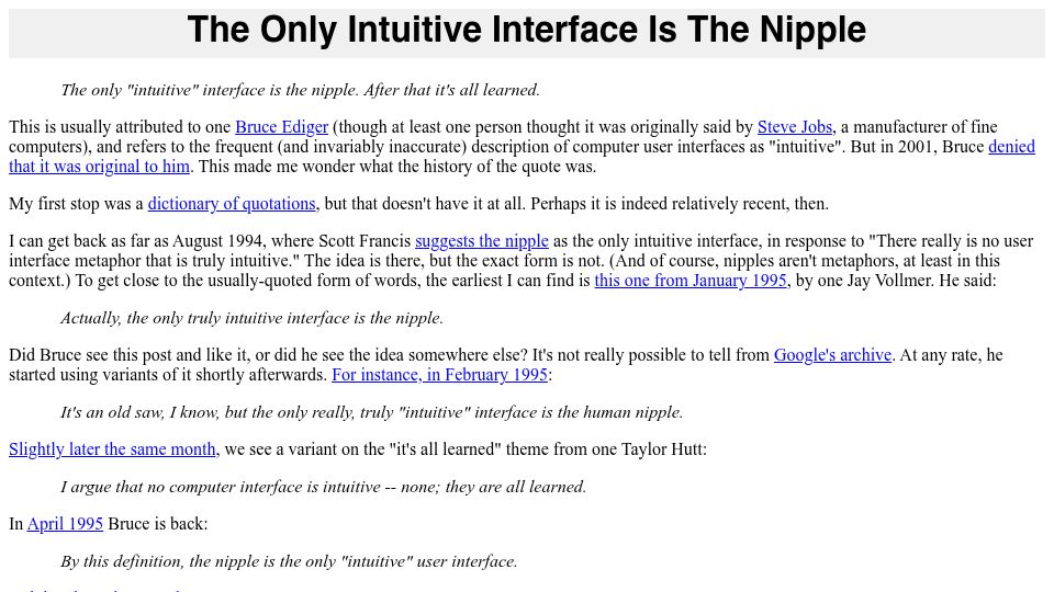 Screenshot of greenend.org.uk: "The only intuitive interface is the nipple" (2012)