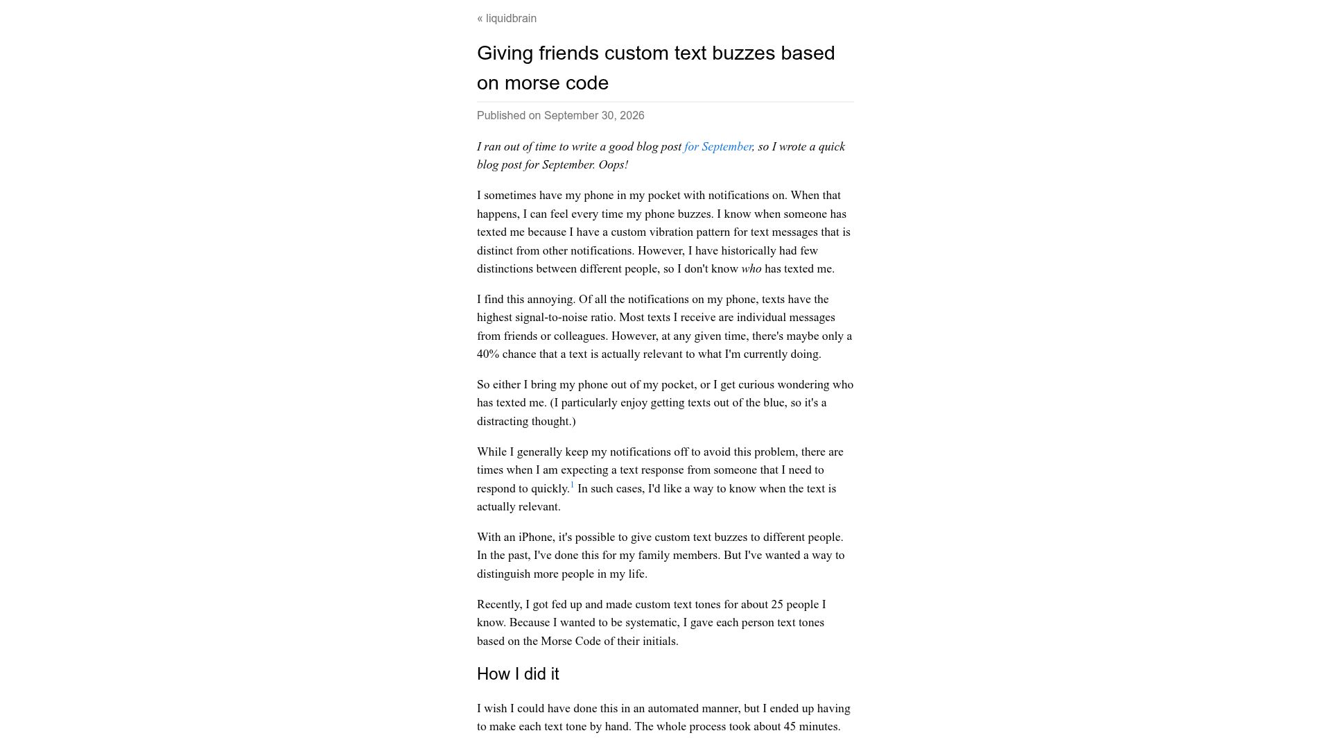 Screenshot of liquidbrain.net: Giving friends custom text buzzes based on Morse code