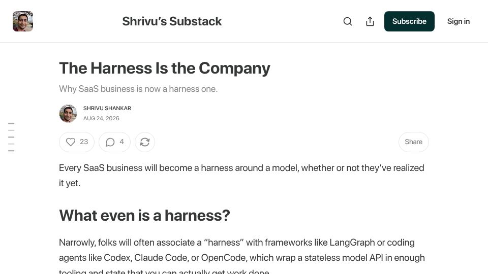 Screenshot of blog.sshh.io: Every SaaS business will become a harness around a model