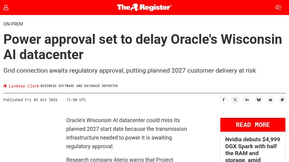 Screenshot of theregister.com: Power approval set to delay Oracle's Wisconsin AI datacenter