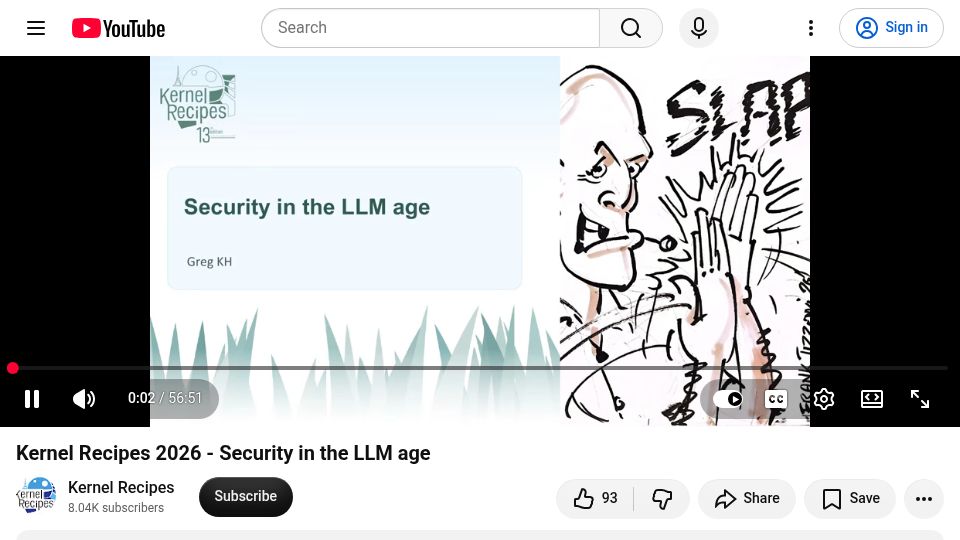 Screenshot of youtube.com: Greg Kroah-Hartman – Security in the LLM Age [video]
