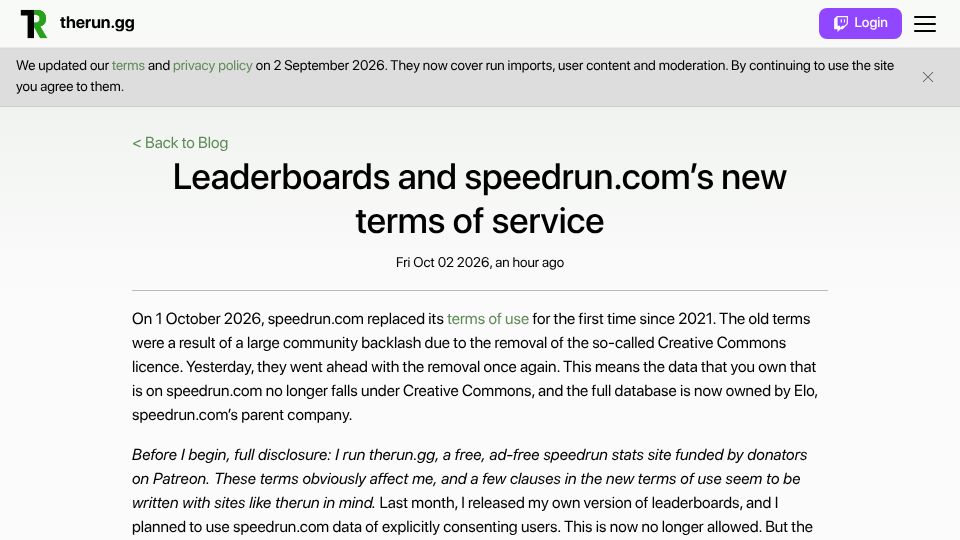 Screenshot of therun.gg: Leaderboards and speedrun.com's new terms of service