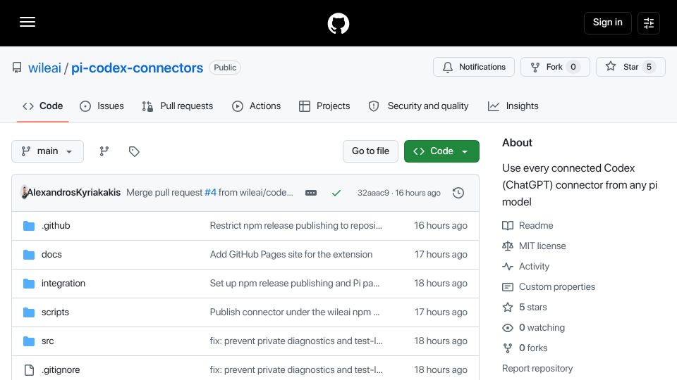 Screenshot of github.com: Show HN: Use all Codex Plugins inside Pi