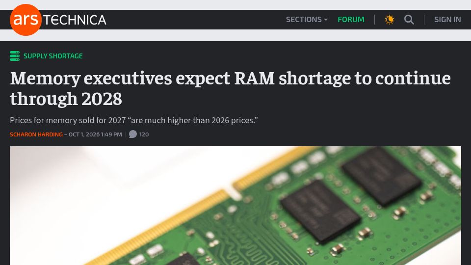 Screenshot of arstechnica.com: Memory executives expect RAM shortage to continue through 2028