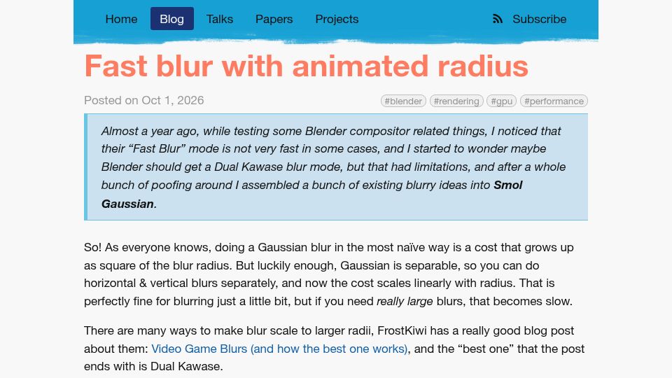 Screenshot of aras-p.info: Fast Blur with Animated Radius