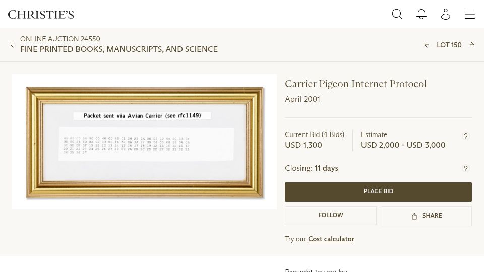 Screenshot of onlineonly.christies.com: The first packet sent via RFC1149 avian carrier is up for auction at Christie's
