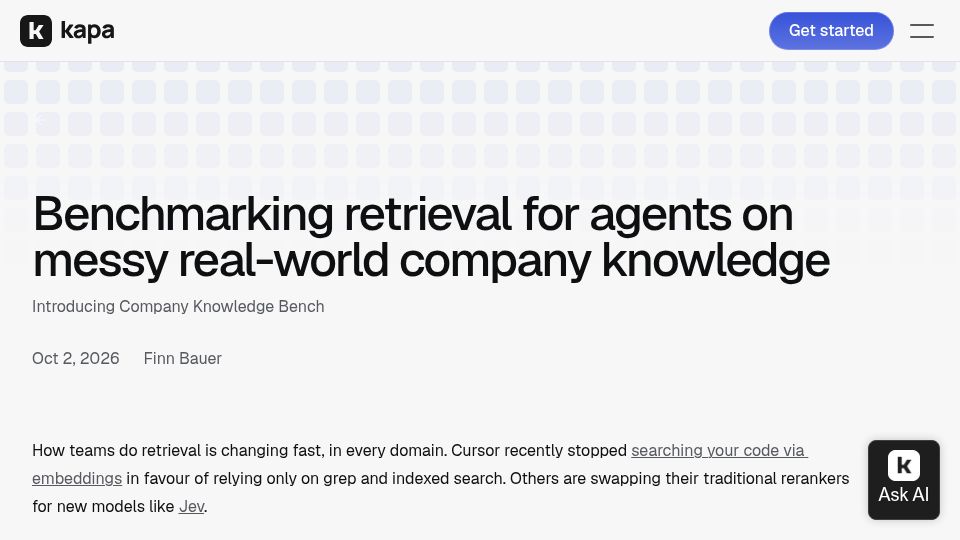 Screenshot of kapa.ai: Benchmarking retrieval for agents on messy real-world company knowledge