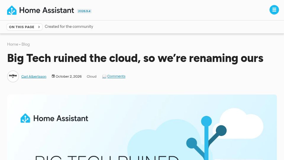 Screenshot of home-assistant.io: Big Tech ruined the cloud, so we're renaming ours