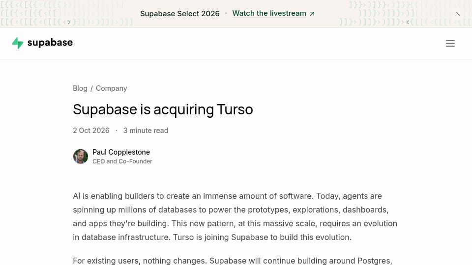 Screenshot of supabase.com: Supabase is acquiring Turso