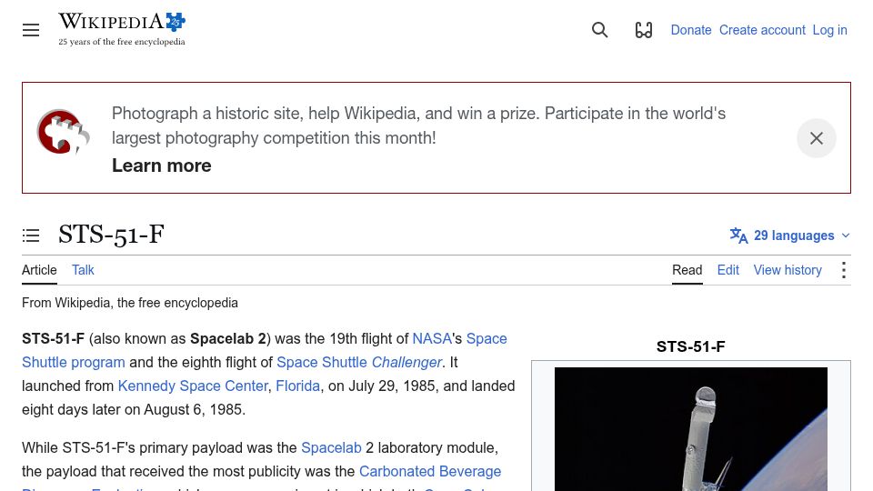 Screenshot of en.wikipedia.org: STS-51-F Abort-to-Orbit (1985)