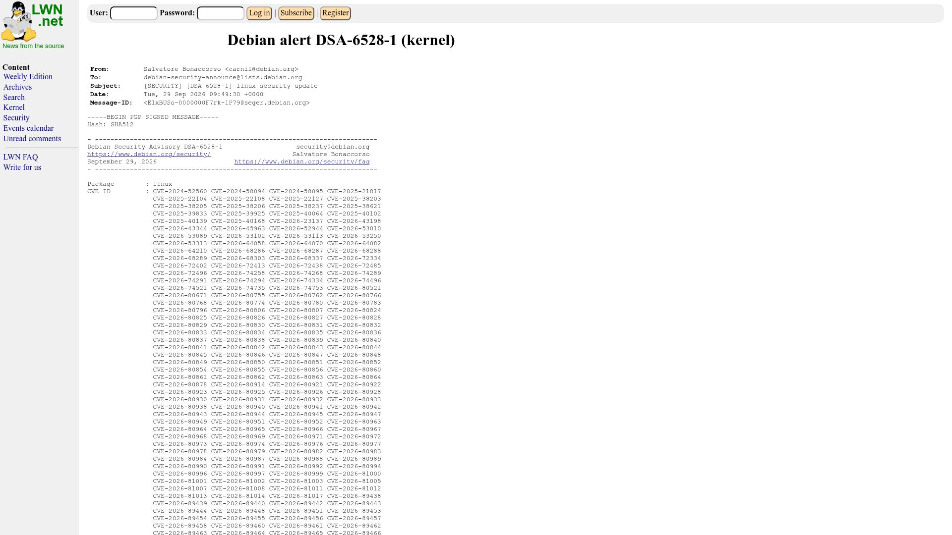 Screenshot of lwn.net: Several vulnerabilities have been discovered in the Linux kernel