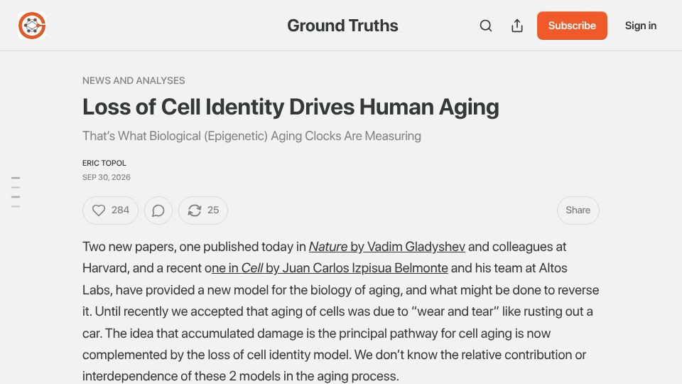 Screenshot of erictopol.substack.com: Loss of cell identity drives human aging: Two new papers