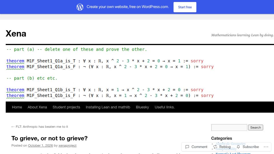 Screenshot of xenaproject.wordpress.com: To grieve, or not to grieve?