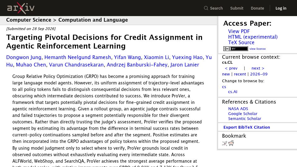 Screenshot of arxiv.org: Fixing GRPO's credit assignment problem without evaluating every step