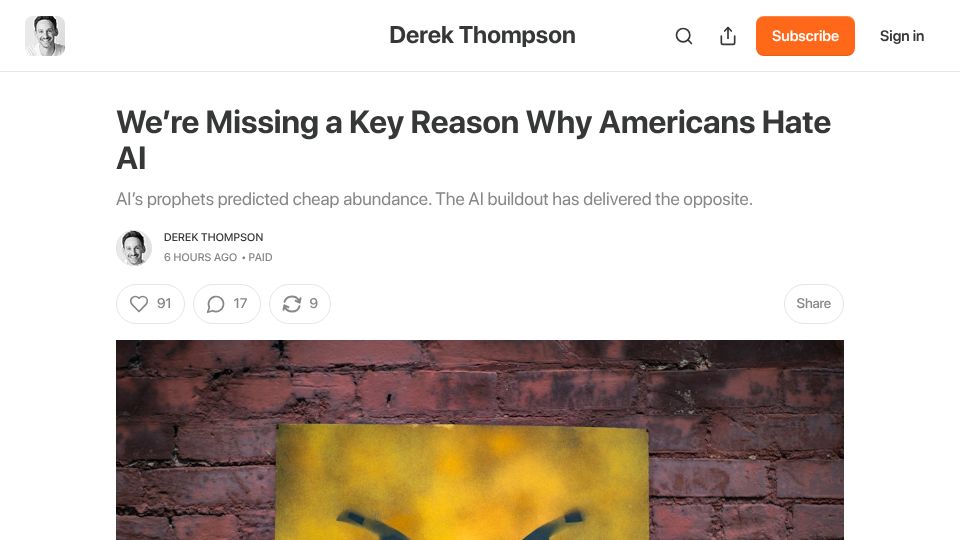 Screenshot of derekthompson.org: We're Missing a Key Reason Why Americans Hate AI