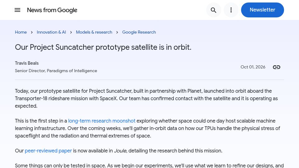 Screenshot of blog.google: Our Project Suncatcher prototype satellite is in orbit