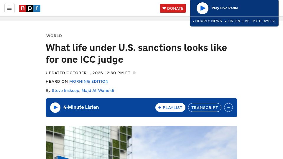 Screenshot of npr.org: ICC judge on what U.S. sanctions mean for her and global courts