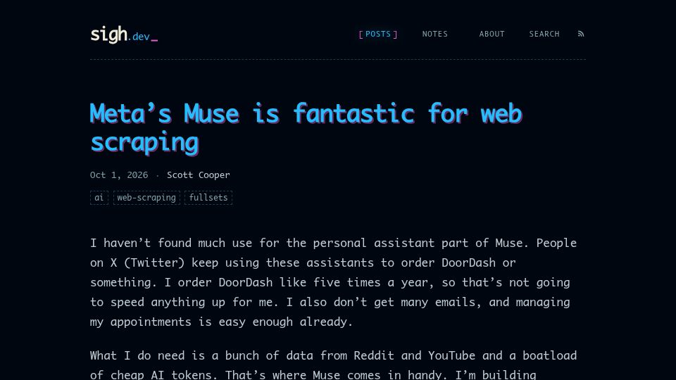 Screenshot of sigh.dev: Meta's Muse is fantastic for web scraping