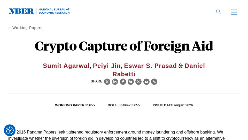 Screenshot of nber.org: Crypto Capture of Foreign Aid