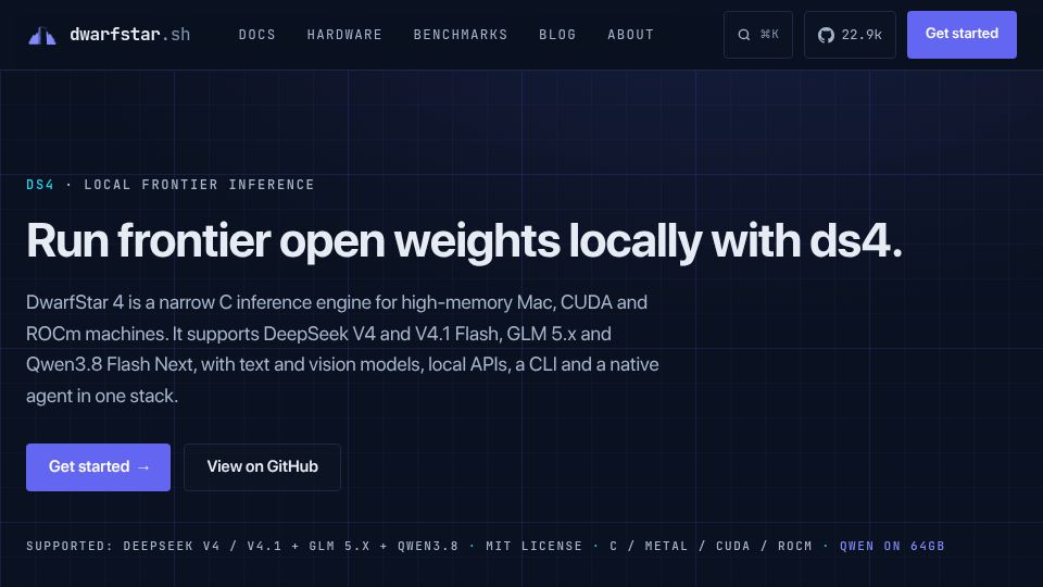 Screenshot of dwarfstar.sh: From the creator of Redis; run LLM locally with ds4