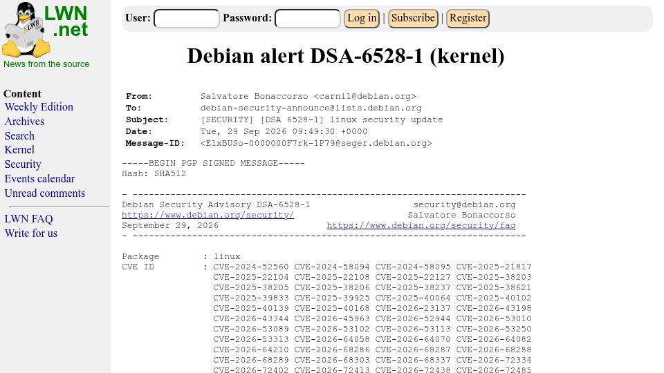 Screenshot of lwn.net: Several vulnerabilities have been discovered in the Linux kernel