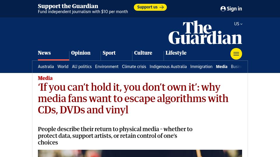 Screenshot of theguardian.com: Why media fans want to escape algorithms with CDs, DVDs and vinyl