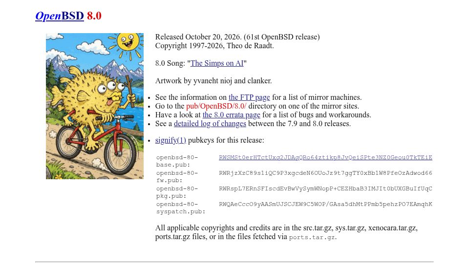 Screenshot of openbsd.org: OpenBSD 8.0