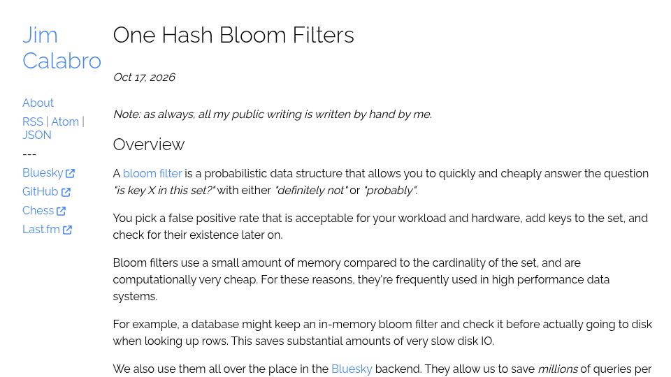 Screenshot of calabro.io: One Hash Bloom Filters