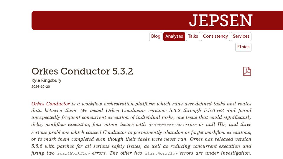 Screenshot of jepsen.io: Jepsen: Orkes Conductor 5.3.2