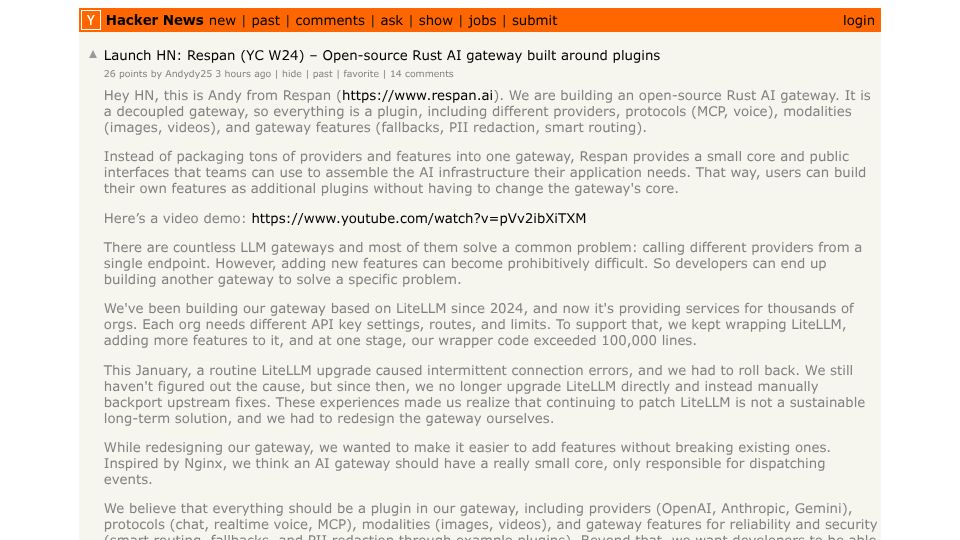Screenshot of Hacker News post: Launch HN: Respan (YC W24) – Open-source Rust AI gateway built around plugins