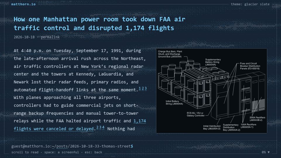 Screenshot of matthorn.io: One Manhattan power room took down FAA air traffic control in 1991