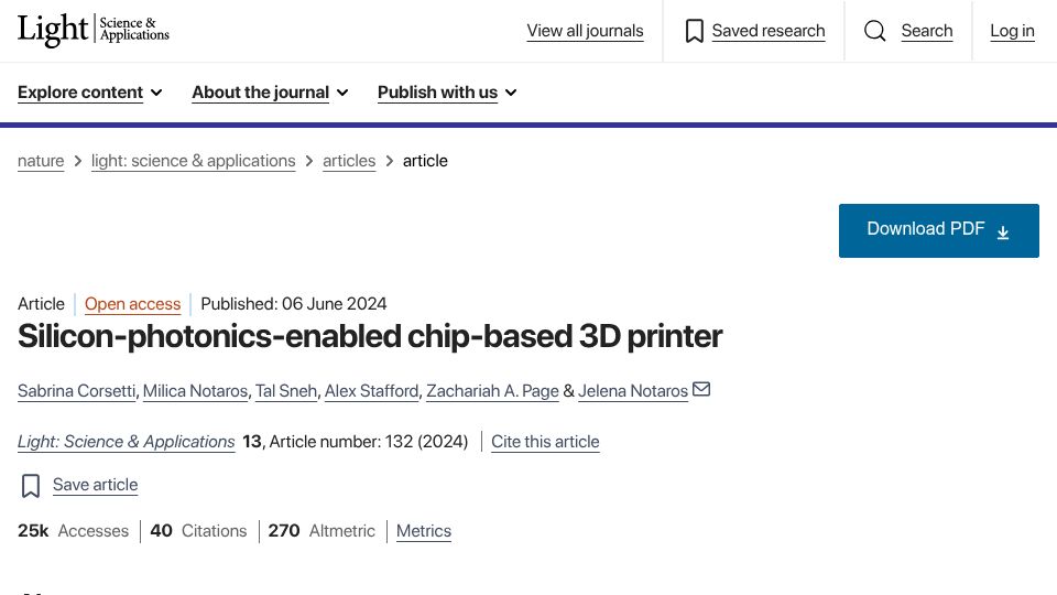 Screenshot of nature.com: Silicon-photonics-enabled chip-based 3D printer (2024)