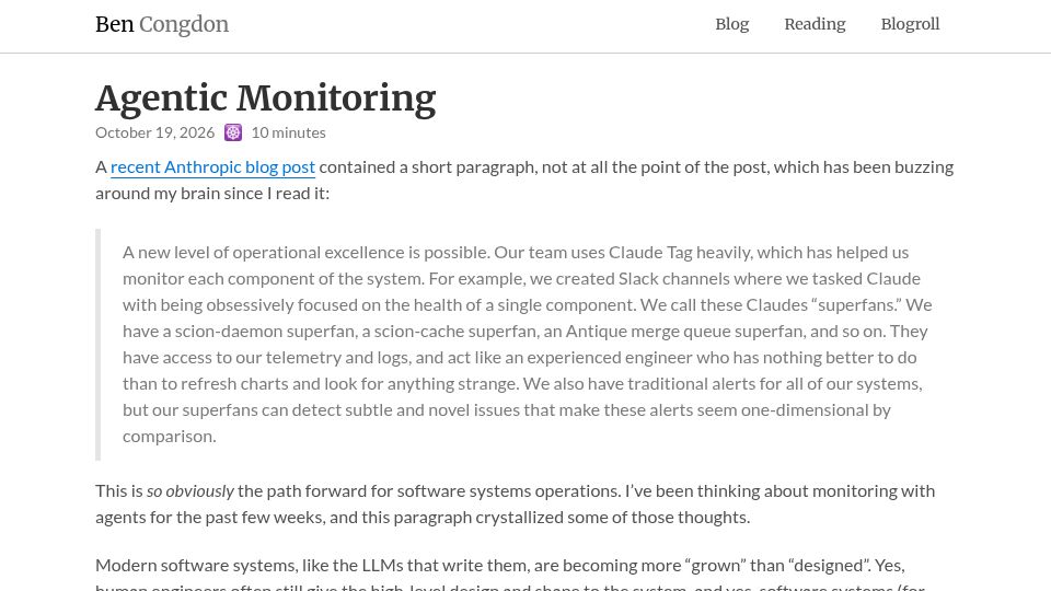 Screenshot of benjamincongdon.me: Agentic Monitoring