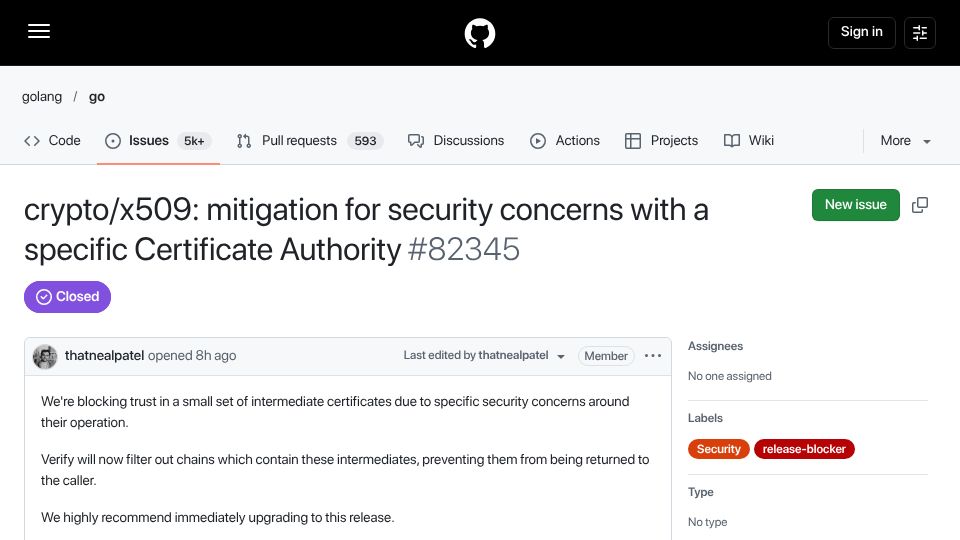 Screenshot of github.com: Go will reject certificate chains containing eight distrusted SPKIs