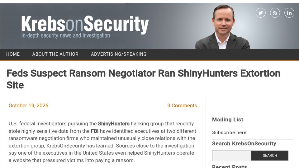 Screenshot of krebsonsecurity.com: Feds suspect ransom negotiator ran ShinyHunters extortion site