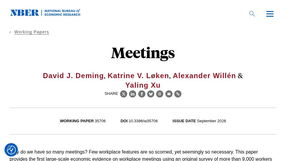 Screenshot of nber.org: Why do we have so many meetings?