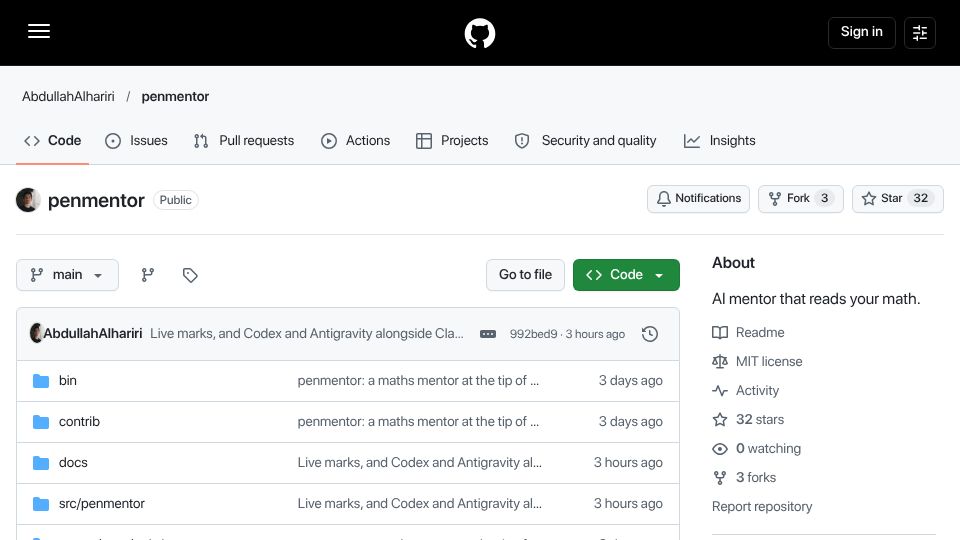 Screenshot of github.com: Show HN: Penmentor – Claude marks up your handwritten math like a teacher
