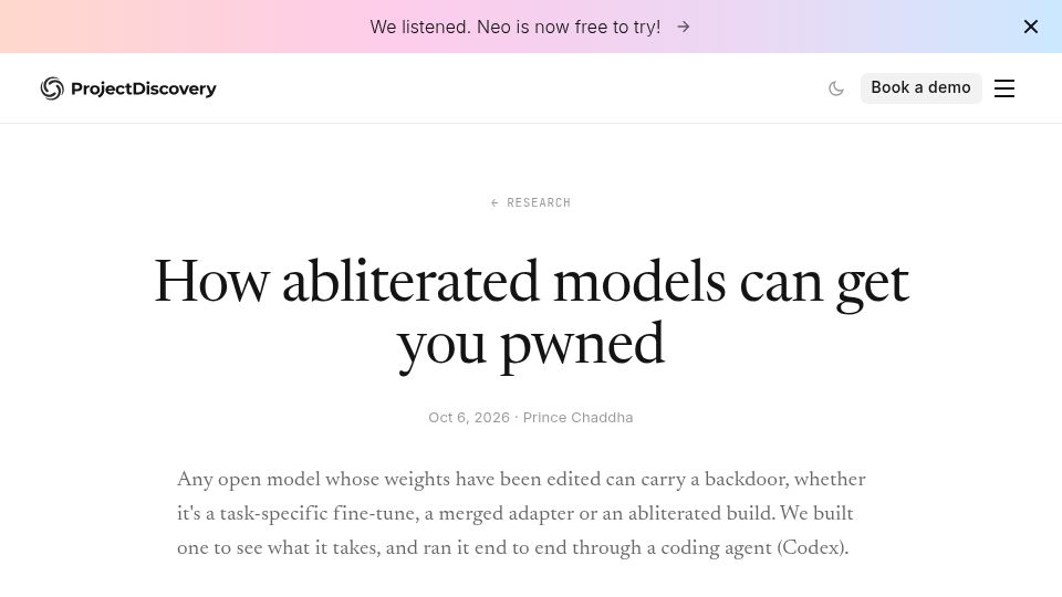 Screenshot of projectdiscovery.io: How abliterated models can get you pwned