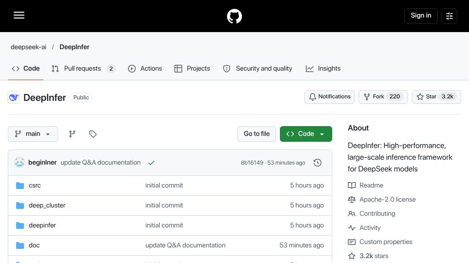 Screenshot of github.com: DeepInfer: High-performance inference framework for DeepSeek models