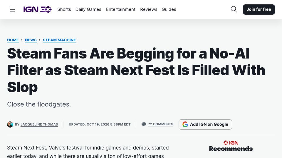Screenshot of ign.com: Steam Users Beg for "No AI" Filter as Vibecoders Flood Next Fest