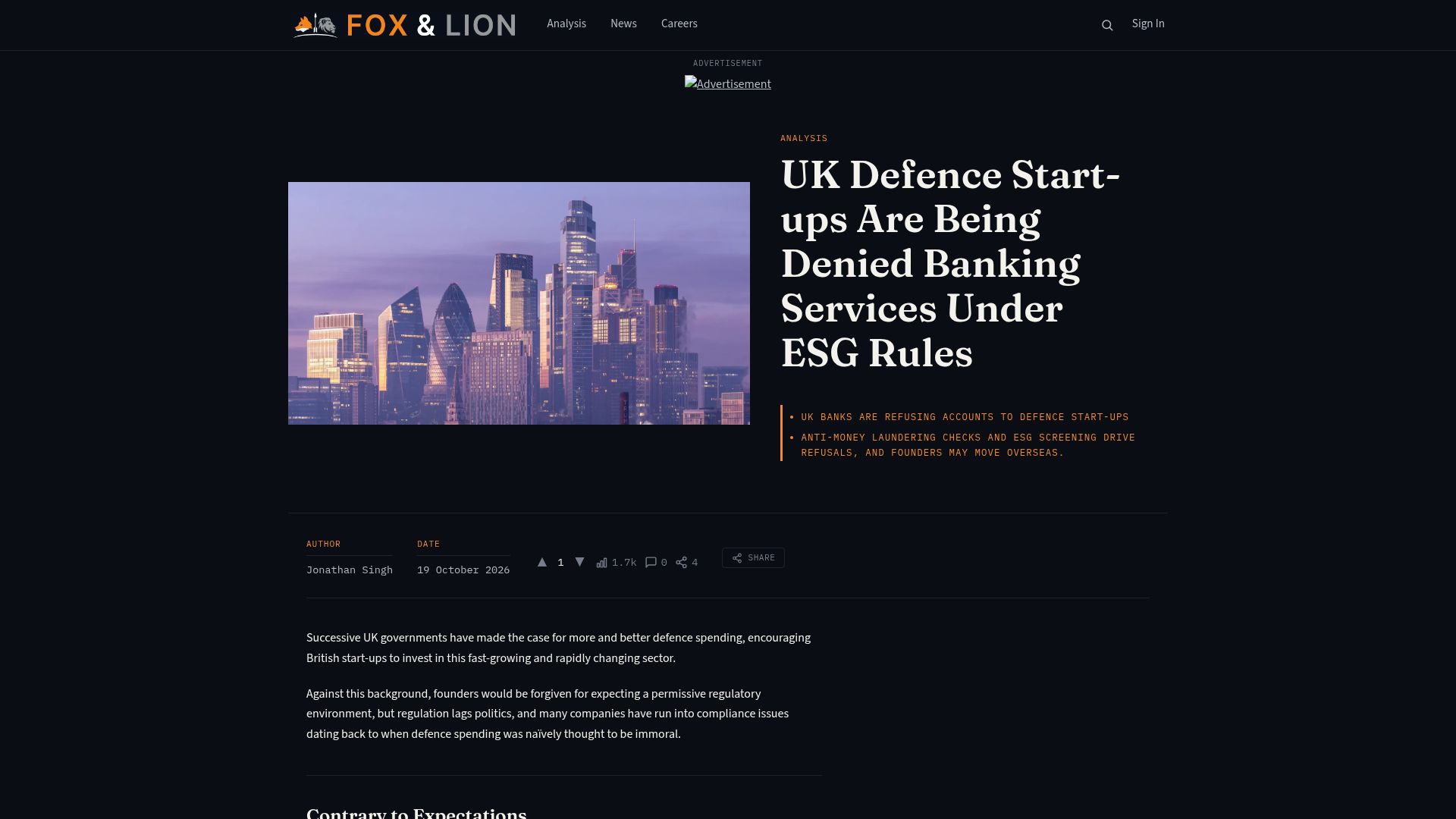 Screenshot of foxandlion.pub: UK Defence Startups Are Being Denied Banking Services Under ESG Rules